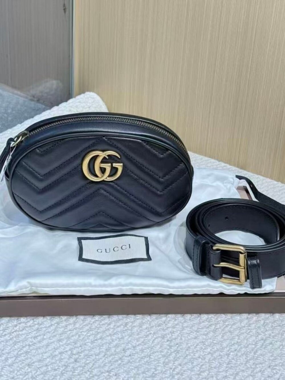 Gucci Black Chevron Quilted Leather Belt Bag with Gold GG
